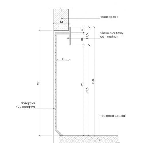 Плінтус алюмінієвий прихованого монтажу для LED підсвічування 100 мм (Р-2-100А)
